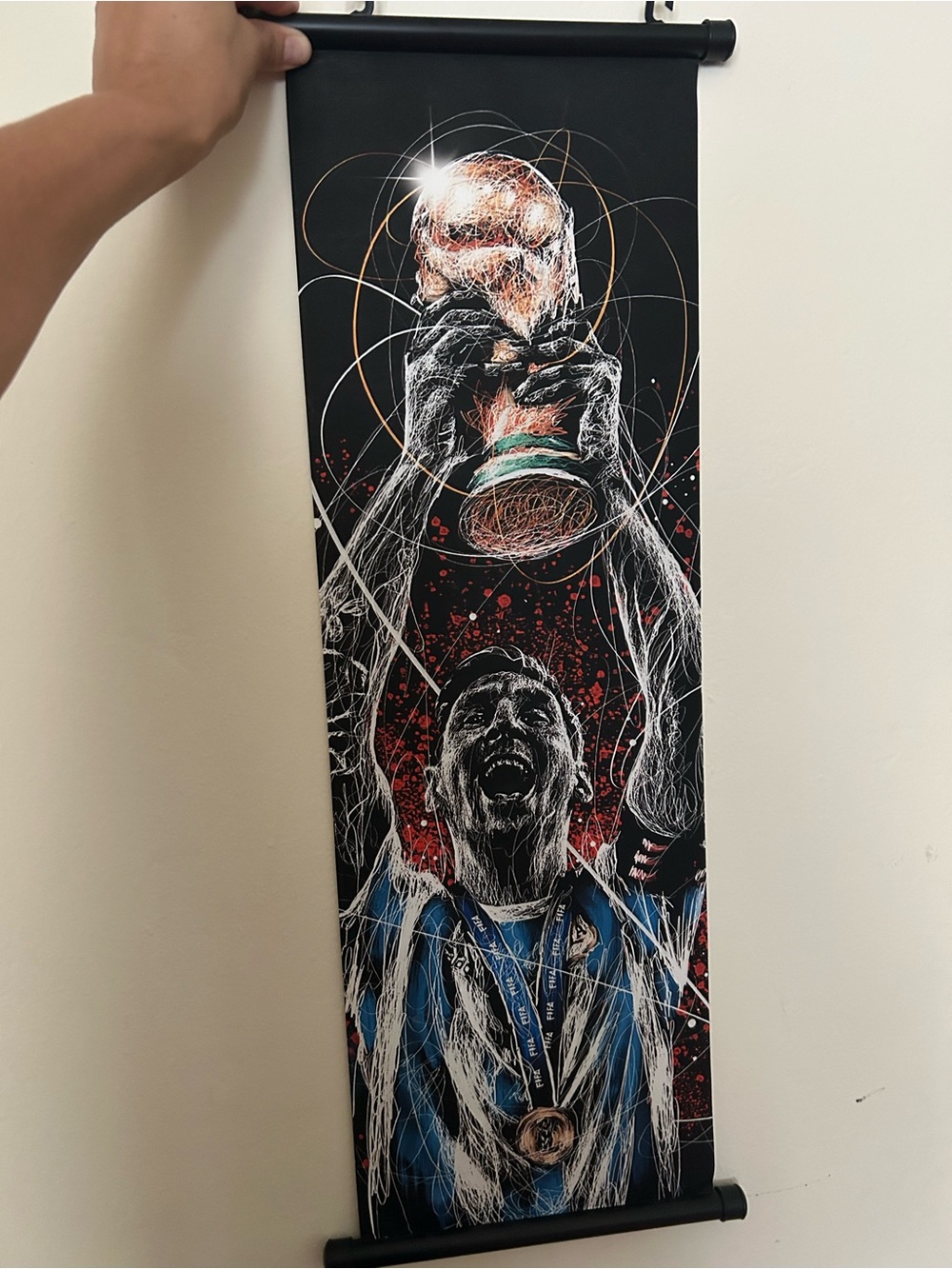 Messi Soccer Champion Vertical Wall Tapestry in Black and Blue